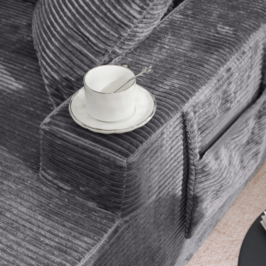 DIVANO in corduroy grigio scuro con tasche laterali e 3 cuscini