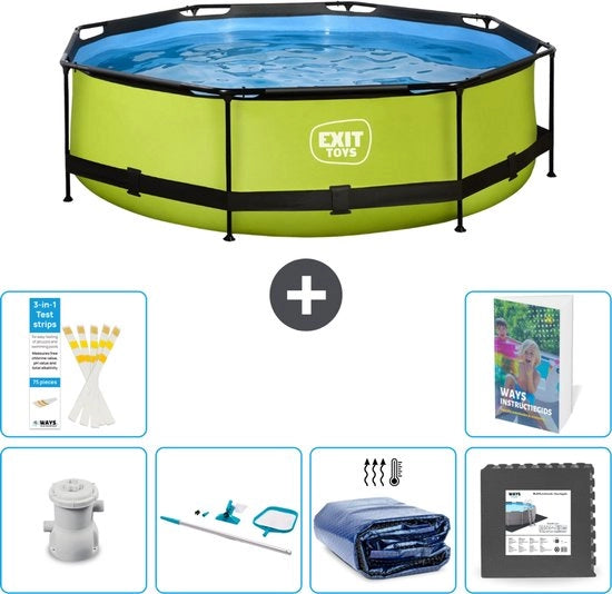 Piscina Rond con Cornice Lime - 300 x 76 cm - Inclusa Pomp di Pulizia - Velatura Solare - Piastrelle per Pavimento - 7 pezzi