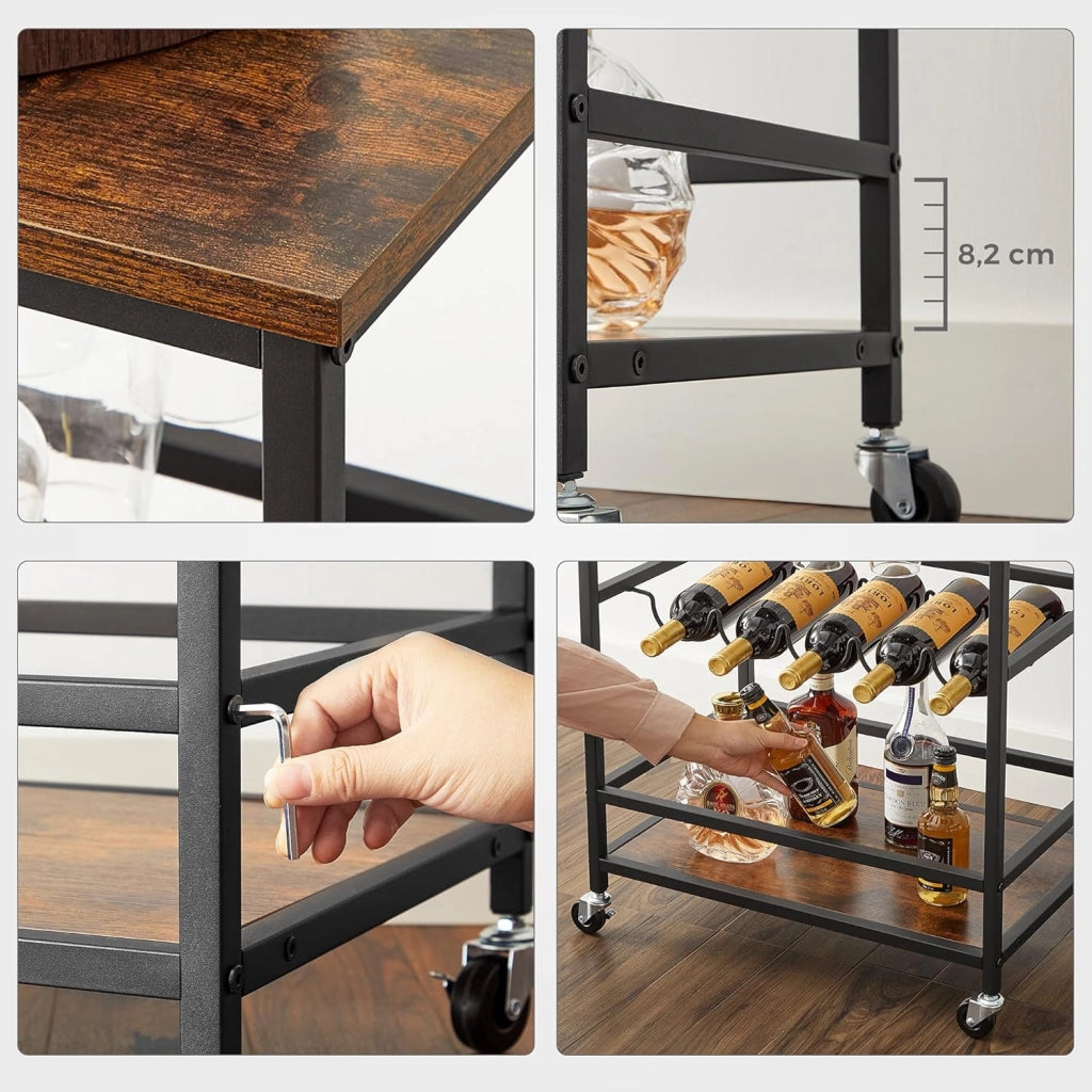 VASAGLE Carrello da Cucina, Carrello Portavivande, Scaffale da Cucina con Ruote, Porta Bicchieri e Bottiglie, 40 x 60 x 82 cm, Stile Industriale, Marrone Vintage e Nero LRC087B01