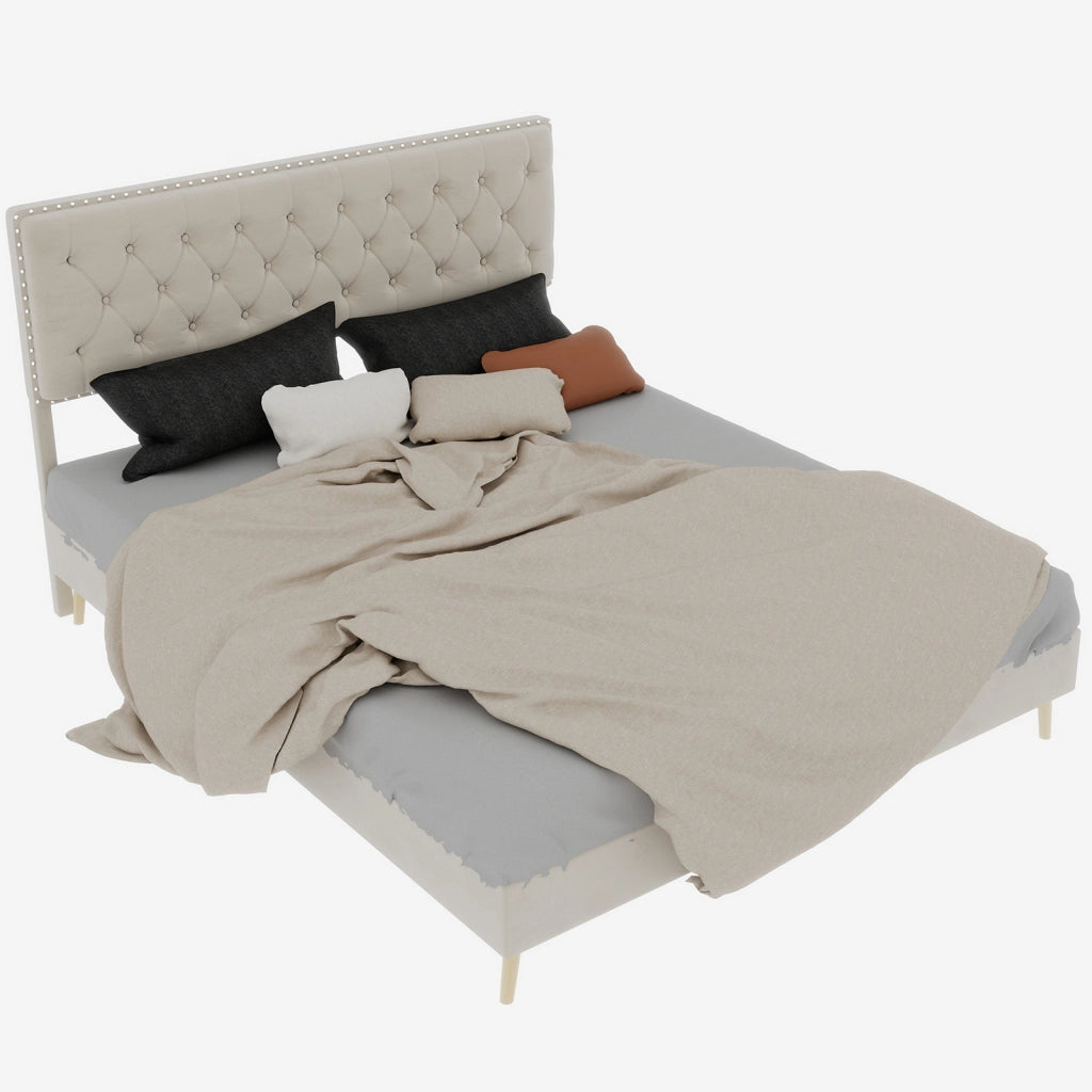 Letto Basso 160 x 200 cm - Testiera Alta Imbottita e Spazio Sottoletto - Beige