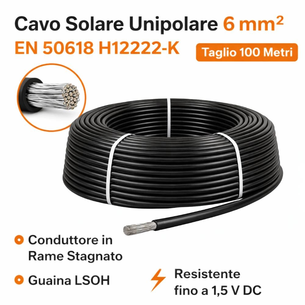 Cavo solare unipolare nero 6 mm² en 50618 per impianti fotovoltaici *** lunghezza metri 100, confezione 1