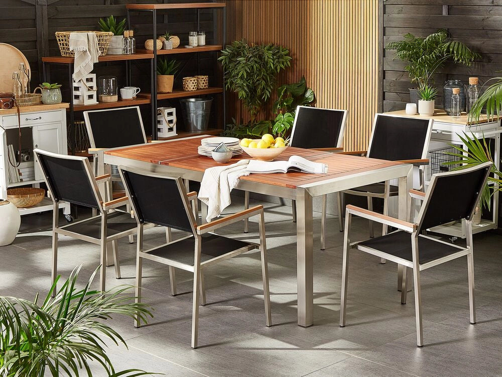 Set da pranzo da giardino con piano in legno di eucalipto chiaro e struttura in acciaio 180 x 90 cm con 6 sedie nere