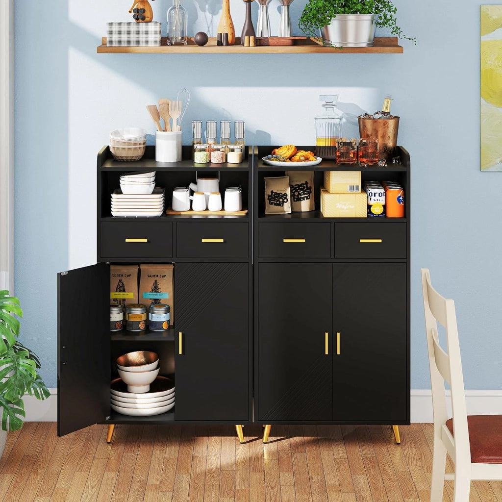 Credenza Cucina, Piano Superiore con Bordo Anticaduta, Scomparto Aperto, 2 Cassetti e Armadietto a Doppia Anta, Mobile Moderno con 2 Antiribaltamento per Soggiorno e Ingresso (Nero)
