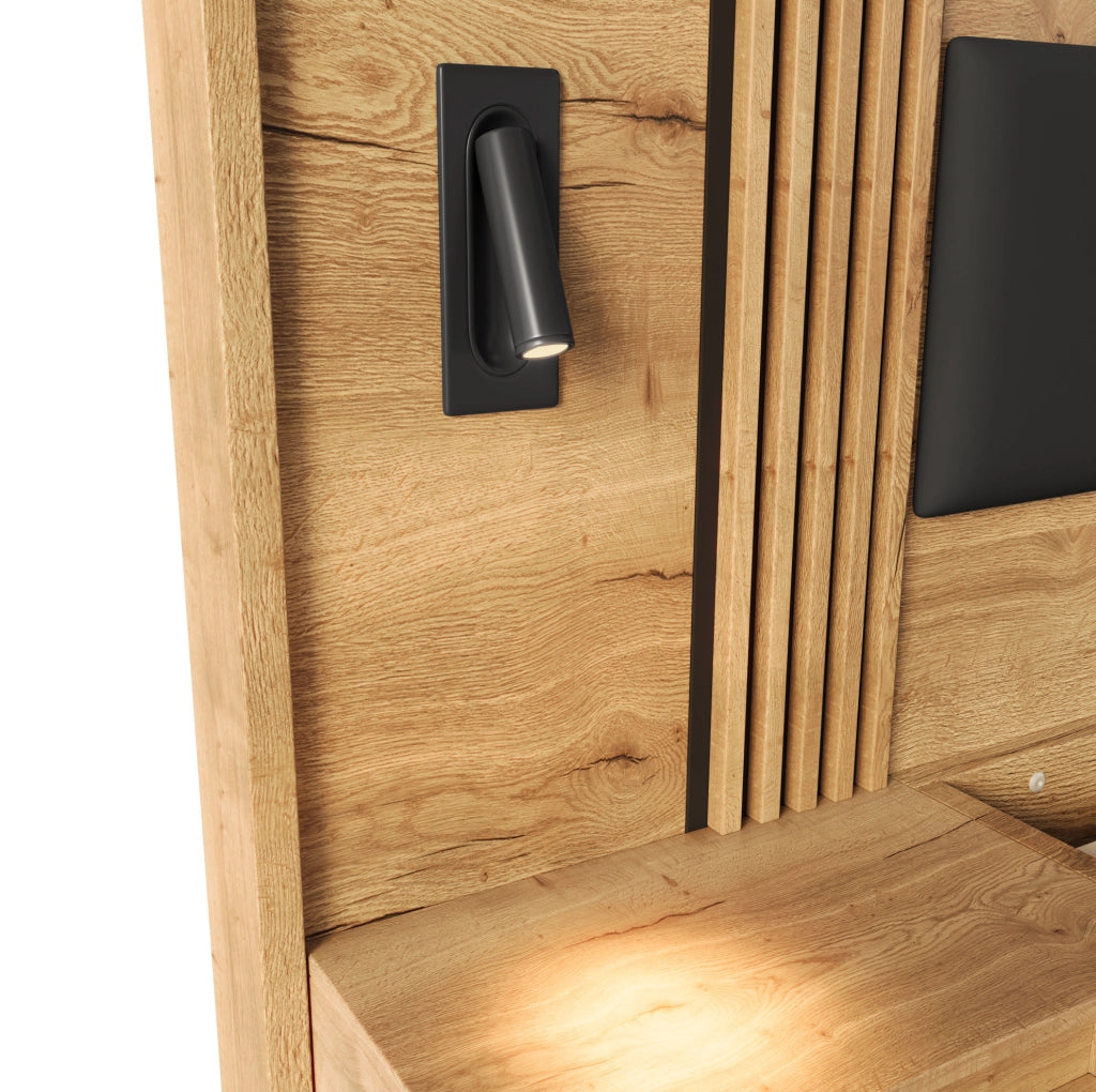 Letto 160x200 cm con cassetto, comodini e luci orientabili in MDF naturale