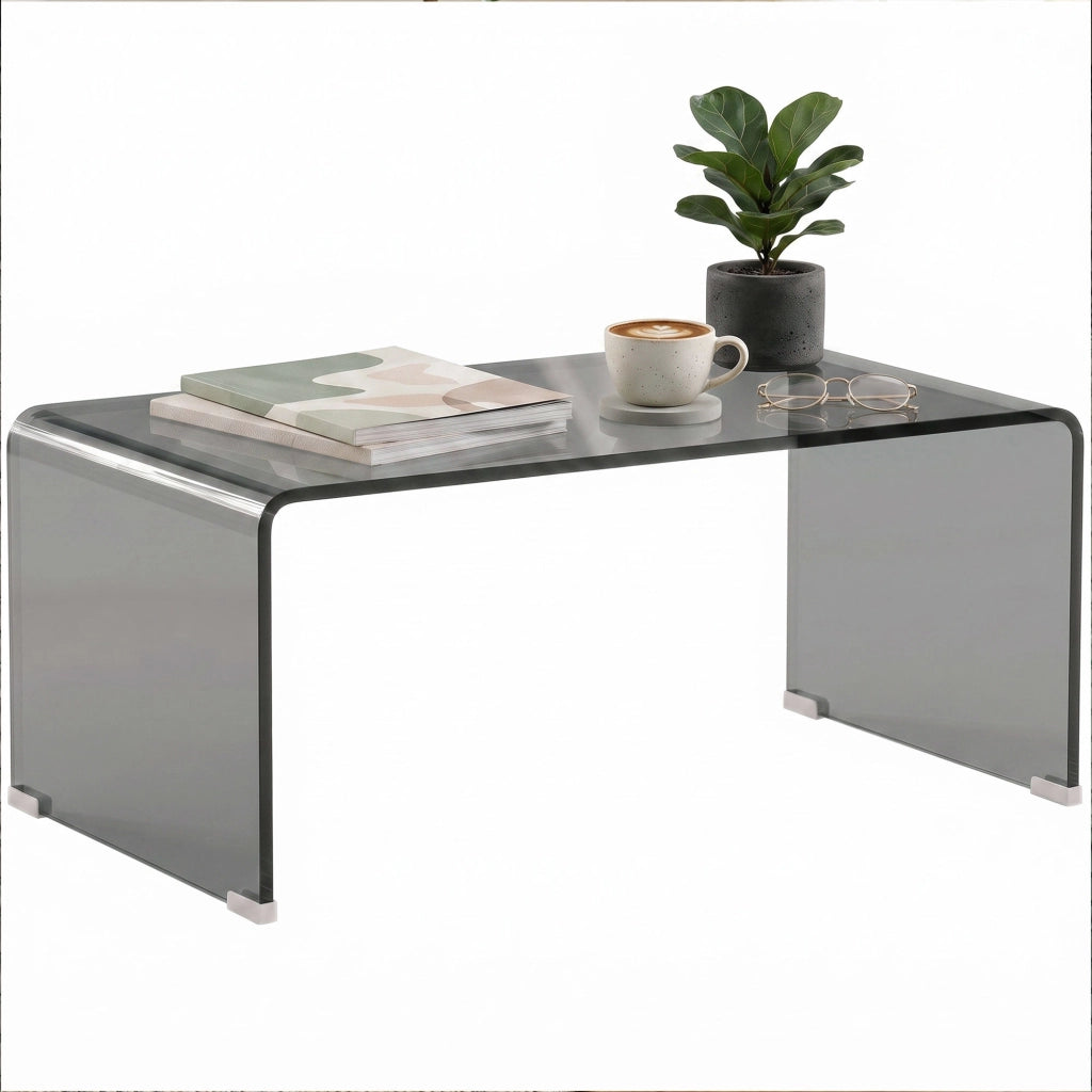 Table Basse en Verre, Table de Salon Rectangulaire Design Moderne avec Bords Arrondis Sûrs, Gris Clair Transparent