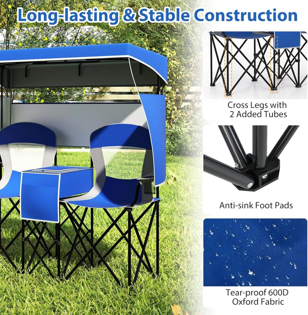Set di 2 sedie da campeggio pieghevoli con tettuccio parasole, mini tavolo, borsa termica e porta bevande, sedia pieghevole per 2 persone, modello 2 blu scuro