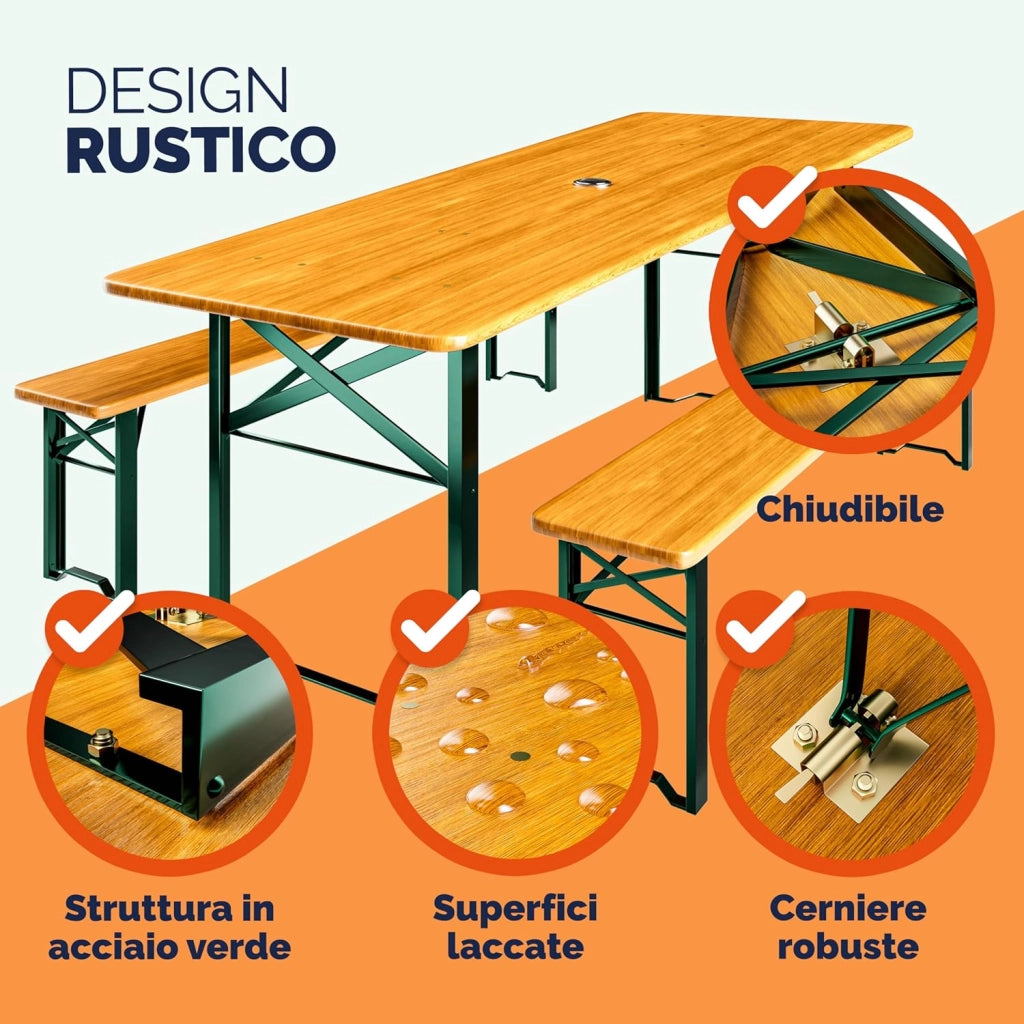 Set da Birreria Pieghevole 170cm Tavolo (170x46x75cm) con Foro Ombrellone 2x Panche in Legno (170x23x46cm) Party Sagra Festa Evento Giardino