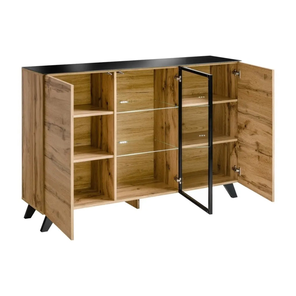 Buffet 3 porte TINO con LED – Rovere chiaro e nero – Stile scandinavo moderno