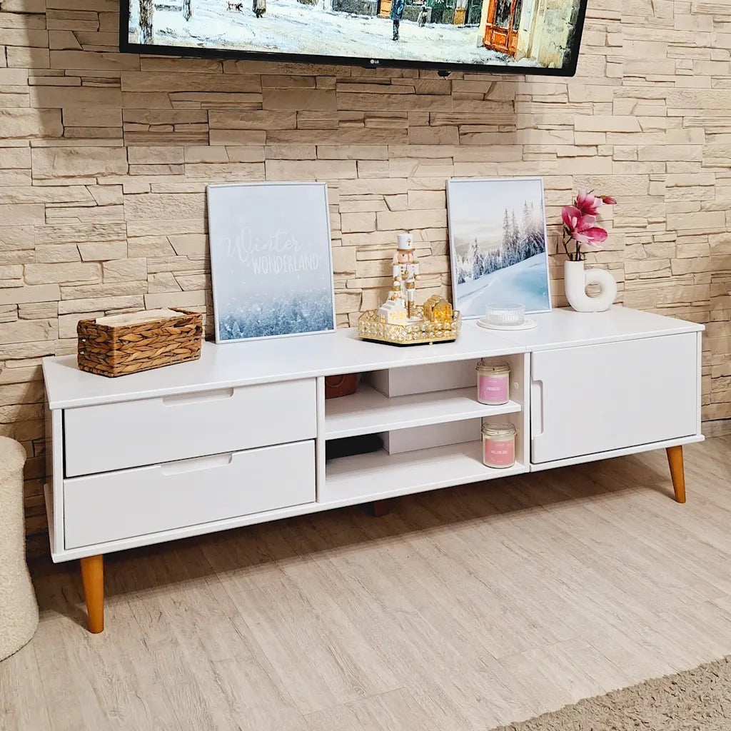 Mobile TV-Credenza per TV-Console TV MOLDE Bianca 158x40x49 cm in Legno Massello di Pino