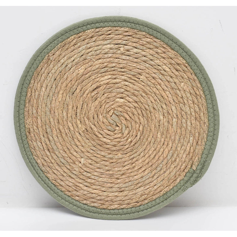 Set di 6 Tovagliette Tammy ø38 In Corda Di Paglia Naturale E Bordo In Cotone Verde