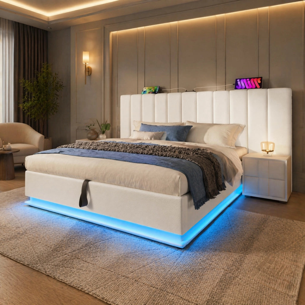 Letto matrimoniale 180x200 con LED 360°, ricarica USB-C, contenitore idraulico, bianco