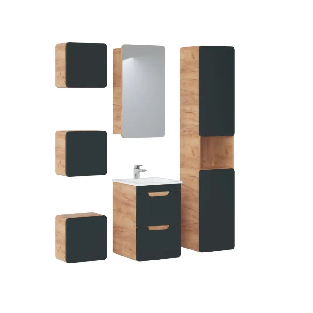 Mobile sotto lavabo ERBANO – 1 porta – 40 cm – Colori rovere chiaro e grigio antracite – Da appendere