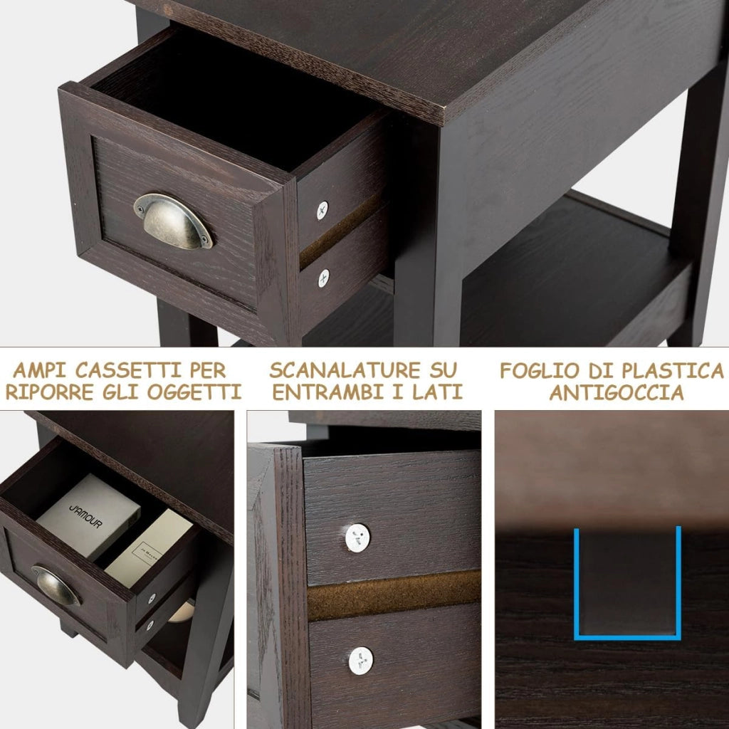 Tavolino da Salotto in Legno Massello, Comodino con 1 Cassetto e 1 Ripiano, Tavolino Basso da Soggiorno e Camera da Letto (56 x 33 x 58,5 cm, Caffè, 2)