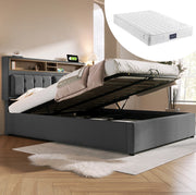 Letto imbottito 140x200 cm grigio con materasso e ricarica USB-C