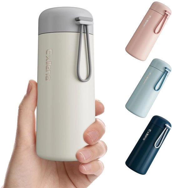 Mini flacone da 250ml con maniglia in silicone, 100% lavabile, piccola flacone in acciaio inox per latte, caffè... – ideale per la borsa e in viaggio (Beige)