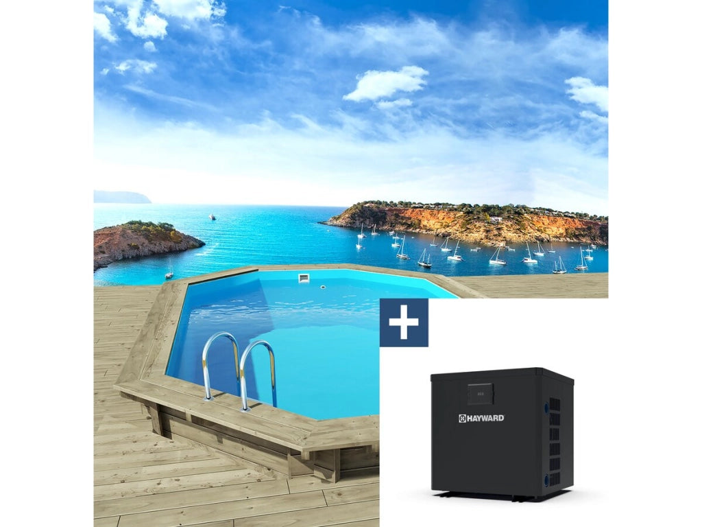 Piscina in legno "Miami 145" - 4,86 x 3,36 x 1,45 m + Mini pompa di calore 3,5kW - Metallo - Grigio