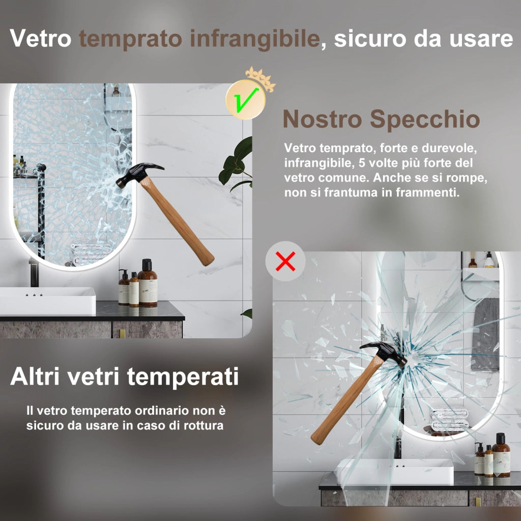 AICA Specchio da bagno 80 x 60 cm, dimmerabile，interruttore touch， Funzione Memoria, antiappannamento