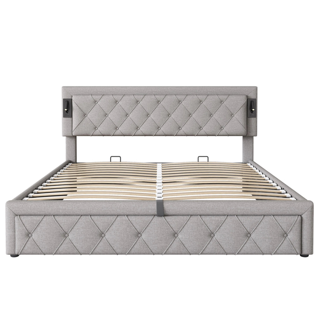 Letto matrimoniale imbottito con contenitore, LED e USB, struttura con rete in legno