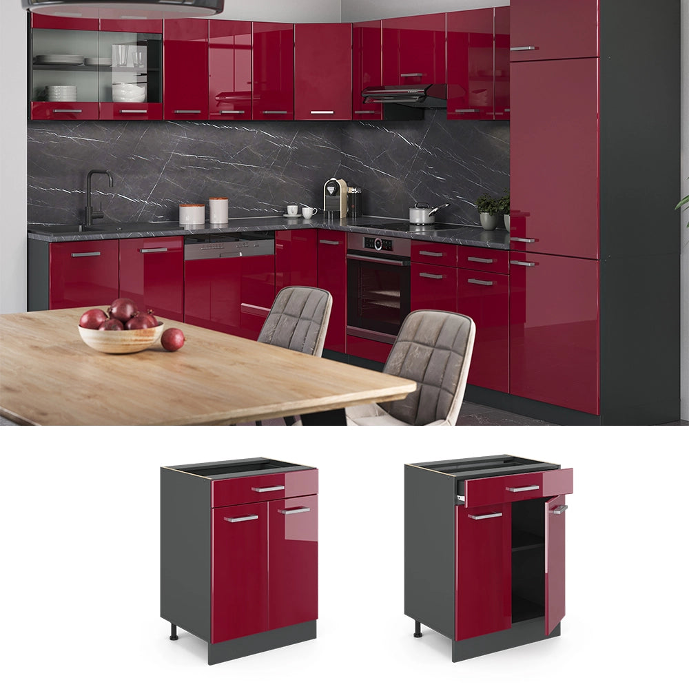 Vicco Mobiletto base per cucina Rosso lucido 60 cm con cassetto, senza piano di lavoro