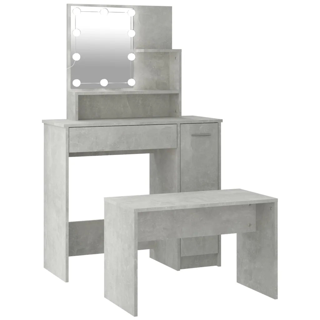 Set Tavolo da Toeletta | Tavolo da Trucco Grigio Cemento con LED Legno Multistrato