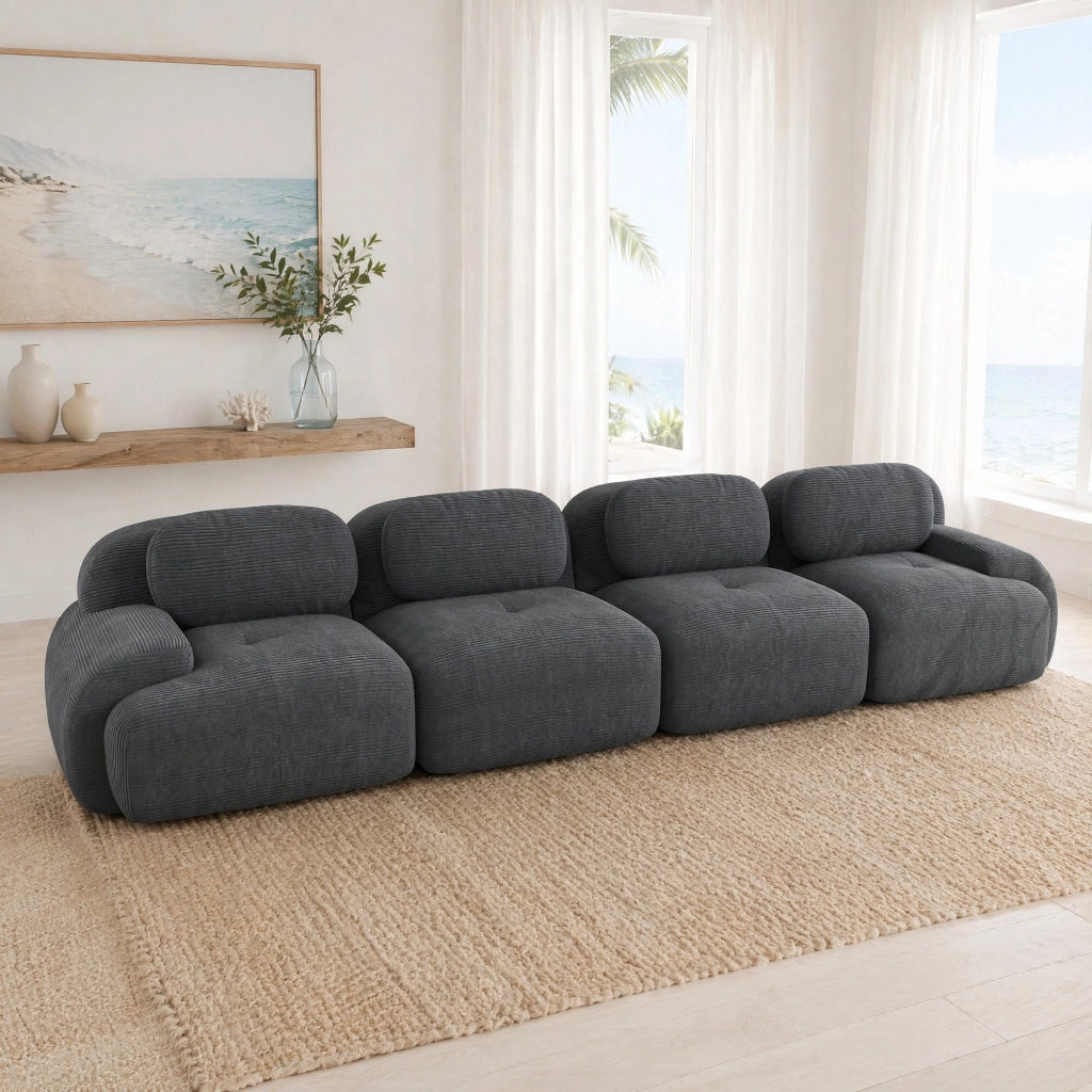 Divano angolare modulare 4 posti 388x103x70 cm in tessuto di velluto a coste grigio