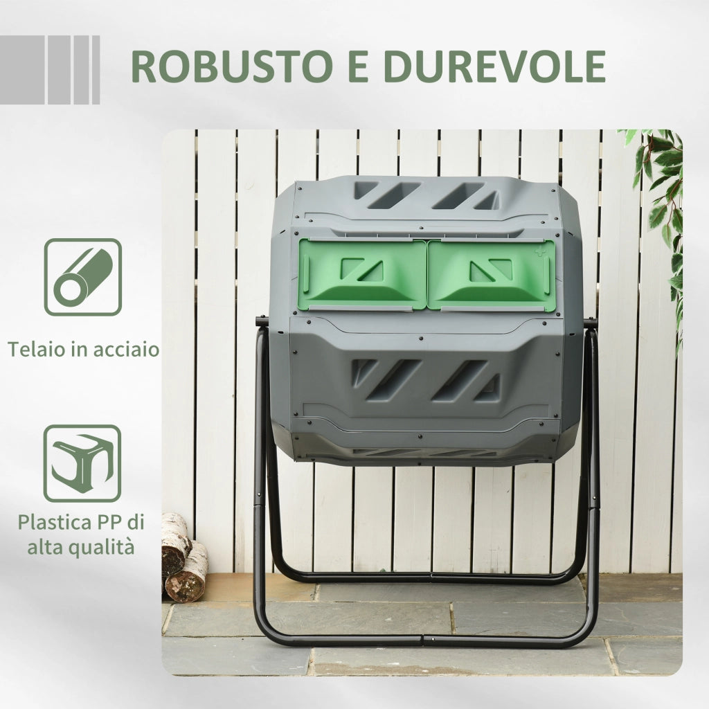 Compostiera da Giardino Girevole a 2 Sezioni con 8 Prese d'Aria, in Acciaio e PP, 71x65x96 cm, Grigio