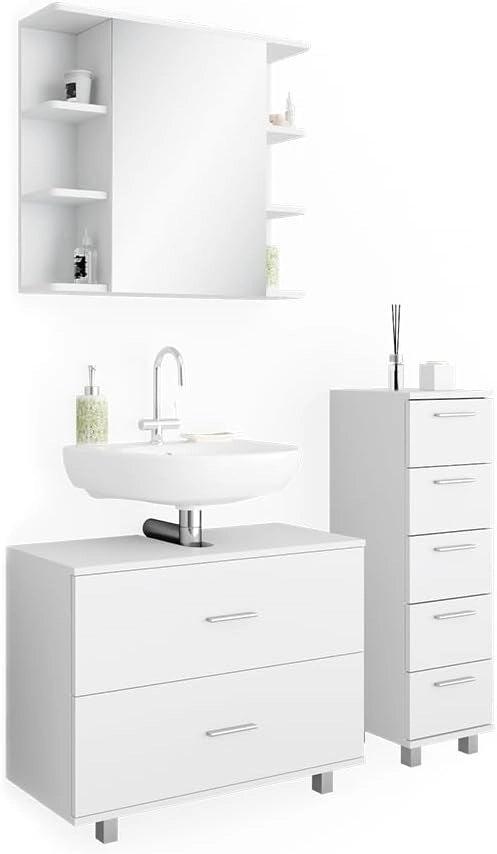 Set mobili bagno Ilias, Bianco, 80 cm, composto da mobile sottolavabo, specchiera e mobile medio