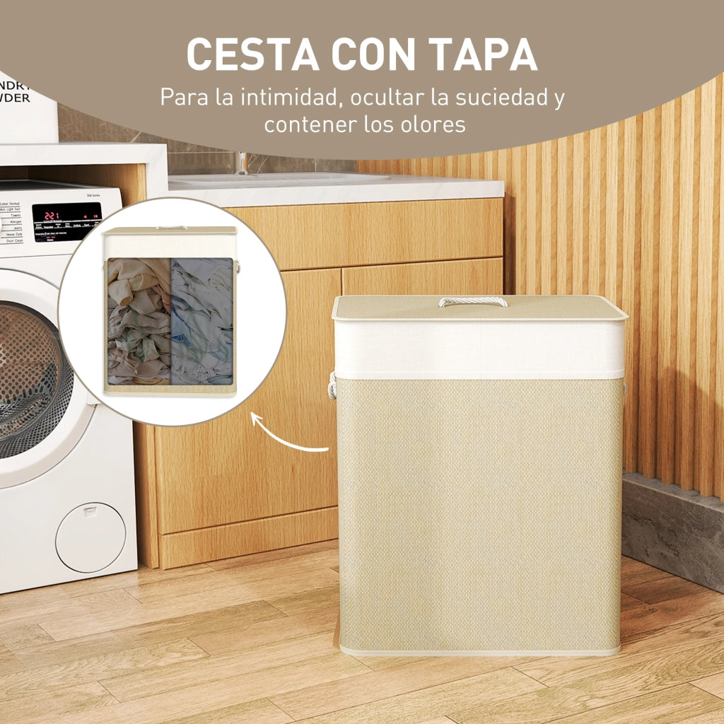 Cestino per Biancheria in Bamb¨´ con 2 Scomparti e Maniglie ¨C Zephmum ¨C 52x32x63 cm