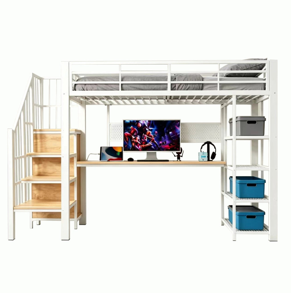 Letto a soppalco multifunzione 90x200 cm con scala contenitore; LED e prese; bianco