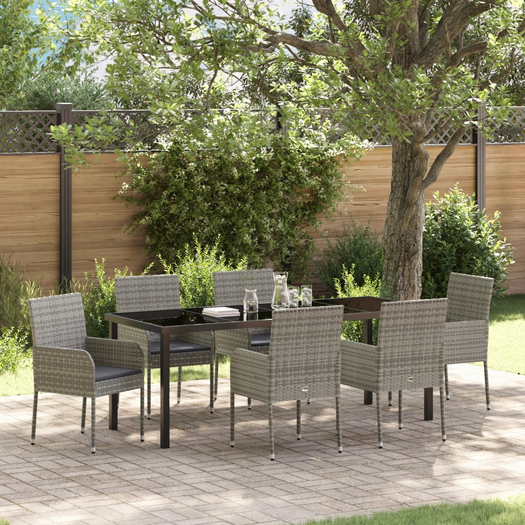 Set da Pranzo da Giardino 7 Pezzi con Cuscini Grigi in Polyrattan