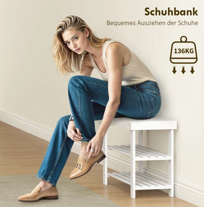 Panca Porta Scarpe in Bambù con Doppio Ripiano, 70x28x45 cm, Bianco