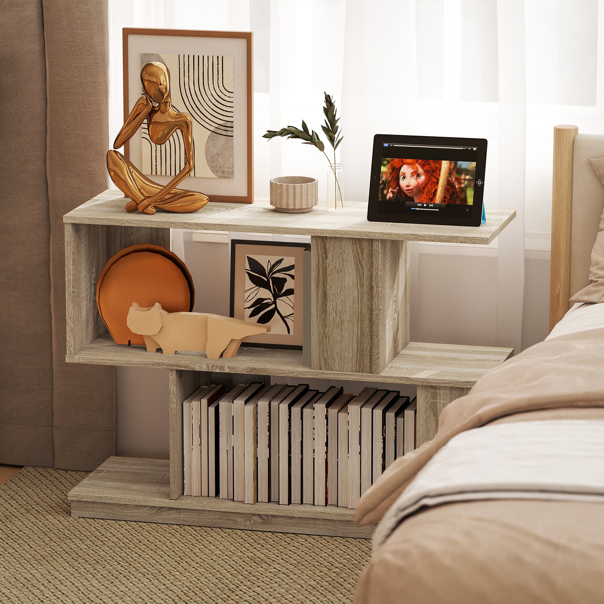 Tavolino da Caffè Moderno a S con 3 Ripiani per Soggiorno 90x30x61 cm in MDF Color Legno