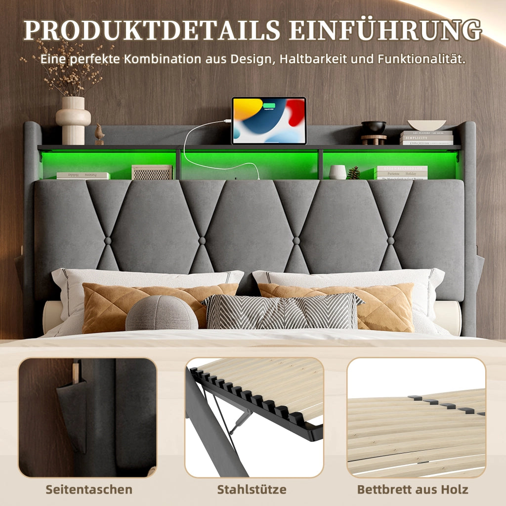 OKWISH Letto Contenitore 140×200 cm, Letto Matrimoniale con LED, USB, Tipo C e Testiera con Contenitore, senza Materasso, in Velluto, Grigio
