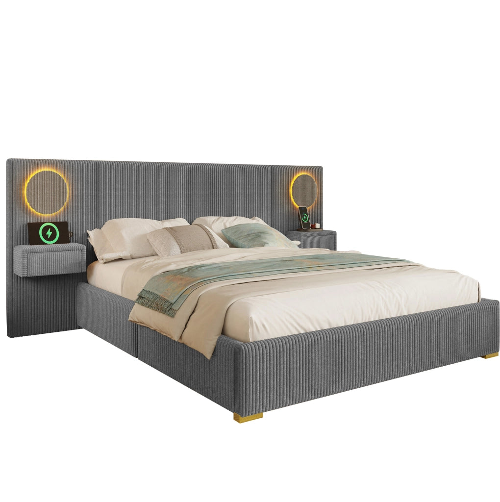 LETTO Imbottito 180x200 cm Velluto Grigio con LED, USB e Comodini