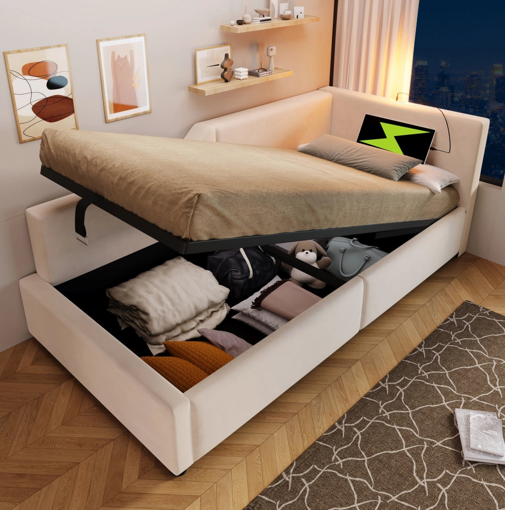 Letto a giorno 90x190 cm con contenitore; luce da lettura e USB C; velluto beige