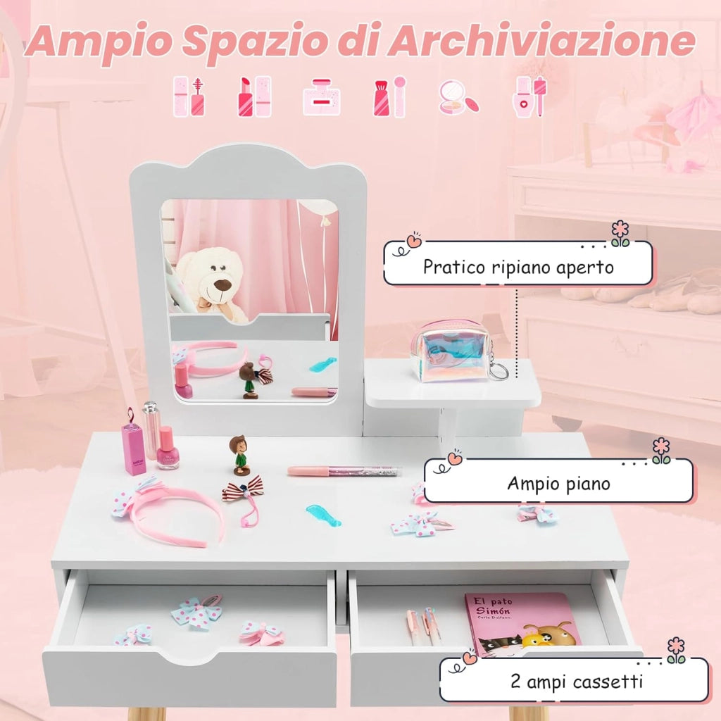 2 in 1 Set Toeletta per Bambini, Postazione Trucco in Legno con Sgabello, Specchio Rettangolare Staccabile e 2 Cassetti Capienti, Ideale per Bambini dai 3 ai 7 Anni, 70 x 37 x 100 cm