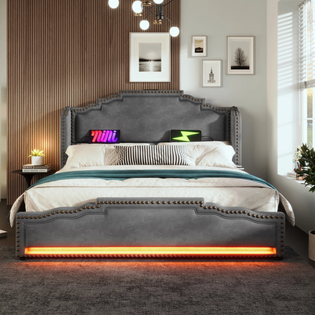 Letto imbottito 140x200 cm in velluto grigio con LED e cassetti