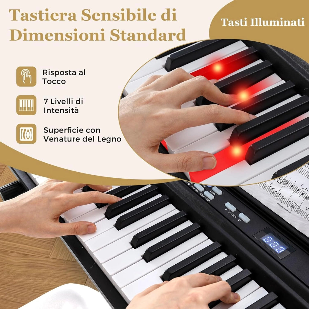 Tastiera Pianoforte Elettrico a 88 Tasti, Piano Digitale con Supporto e Sgabello Regolabili, Tastiera Sensibile, Tasti e Pulsanti Illuminati, Funzione MIDI, Pedale di Sustain, Cuffie (Nero)