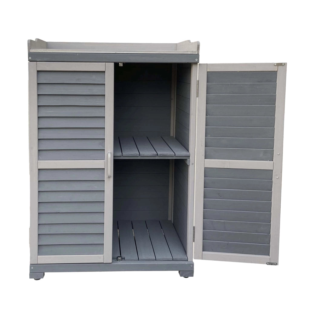 Armadietto grigio da esterno con piano di lavoro per giradinaggio, Mobile da giardino