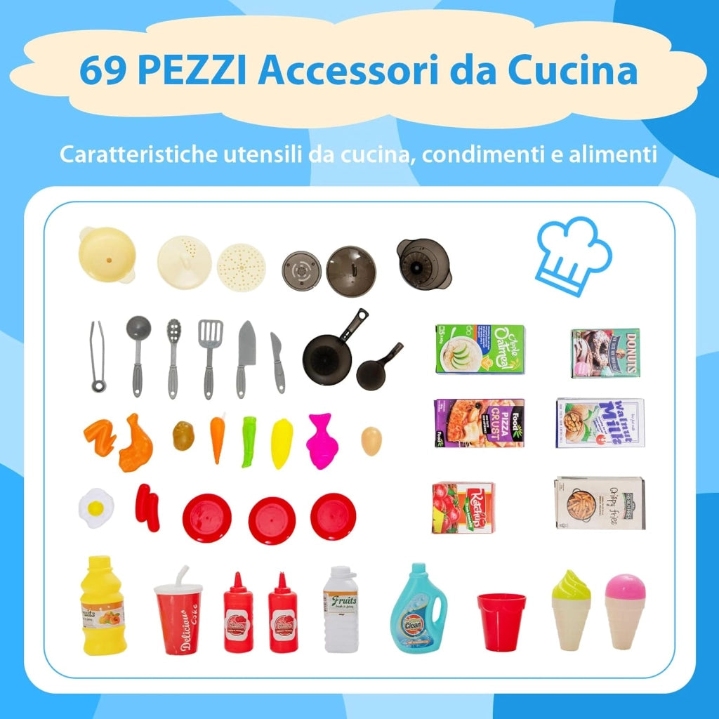 Cucina Giocattolo per Bambini, Cucina per Bambini con Forno, Microonde, Lavello e Rubinetto, Funzione Luci e Suoni, Vapore e Ebollizione, 69 Accessori, per Bambini 3+ Anni (Blu)