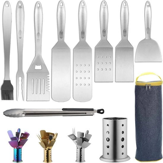Kit di accessori per griglia 10 pezzi - set di attrezzi BBQ in acciaio inossidabile con supporto per utensili da cucina - resistente al calore, non si deforma, modello Berglander.