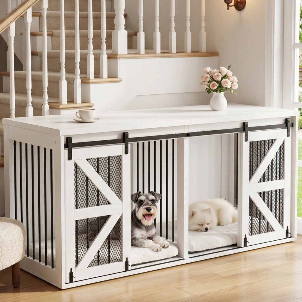 Cuccia per cani da interno con porte scorrevoli, divisorio centrale fisso, MDF e metallo, bianco, 160 x 60 x 75 cm
