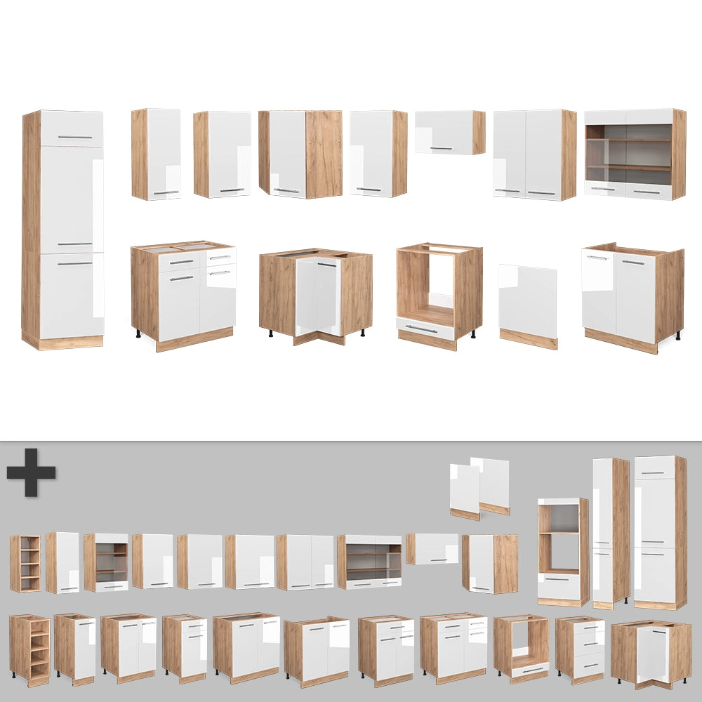Vicco Cucina angolare completa Bianco lucido/oro power oak 227 x 60 cm senza piano di lavoro