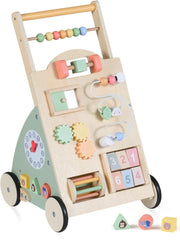 Carello Primi Passi in Legno per Bambini, Girello Montessori con Centro Attività, Ruote e Cestino Portaoggetti, Gioco Educativo per Bambini 12 + Mesi (Modello 5)