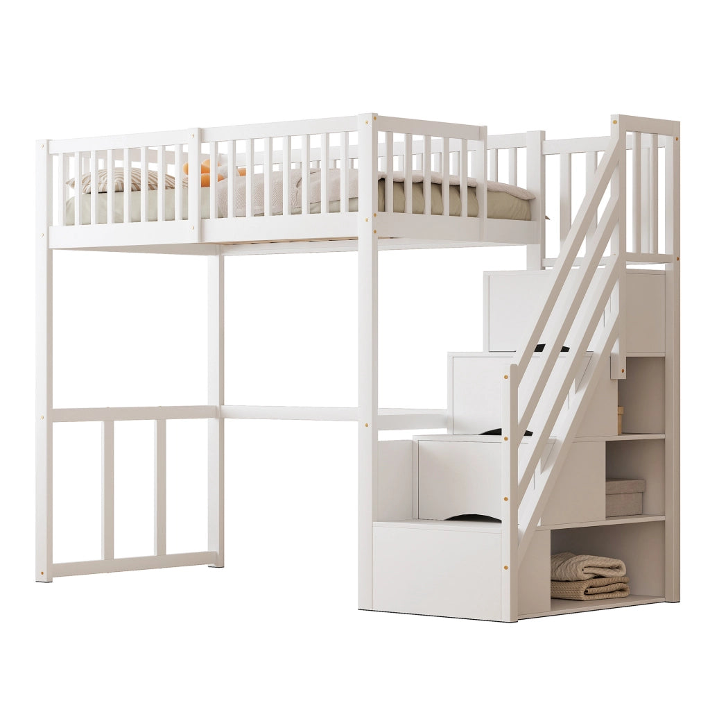 Letto a soppalco 90x200 cm con scala contenitore; legno; bianco (Senza materasso)
