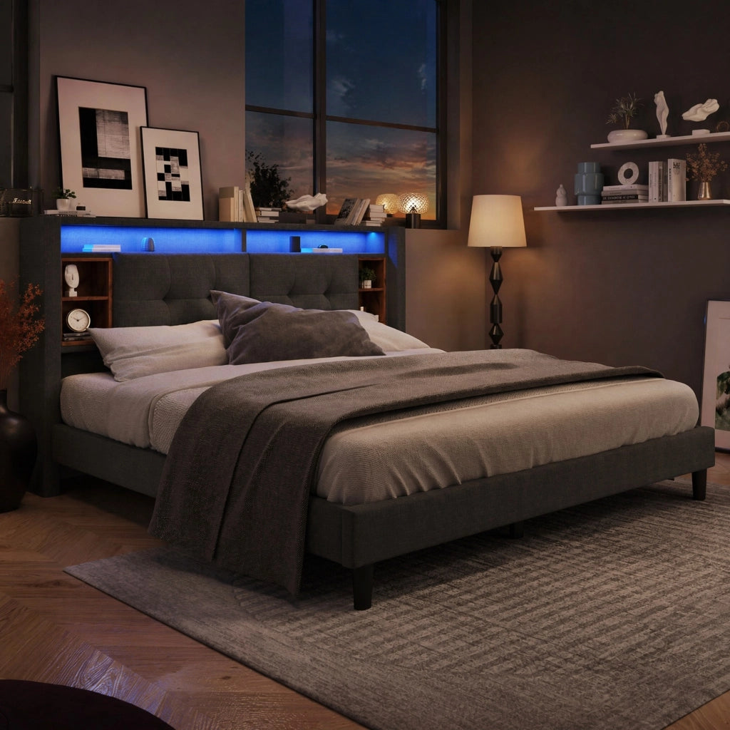 Letto matrimoniale imbottito 160x200 cm con testiera contenitore; USB e LED; grigio