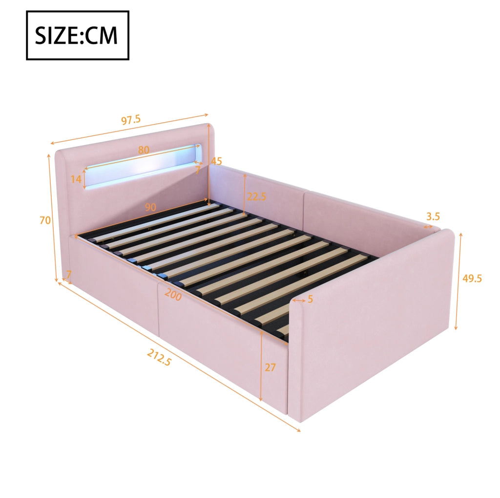 Letto imbottito per bambini 90x200 cm in velluto rosa con LED; luce notturna; USB e contenitore