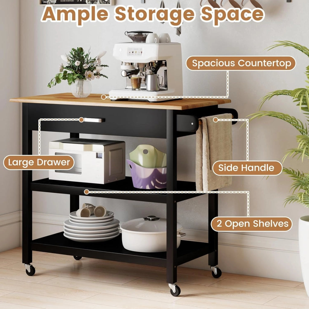 Desserte Cucina, Porta Asciugamani, Piano di Lavoro in Legno di Eva, Carrello con ruote, 1 Cassetto, 2 Ripiani Aperti, Cornice in Legno di Pino, Carrello Cucina per Sala da Pranzo, Nero