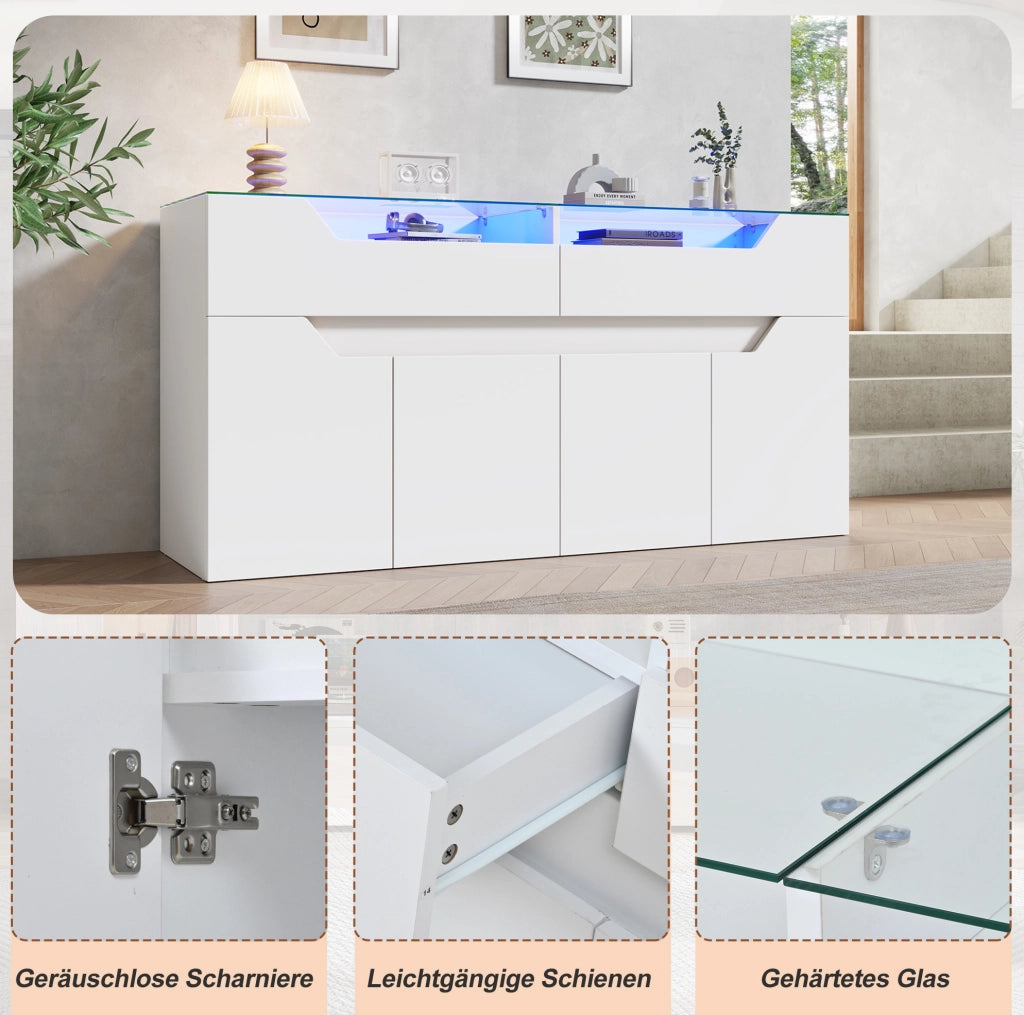 Credenza bianca 140x40x70 cm in MDF con piano in vetro e LED