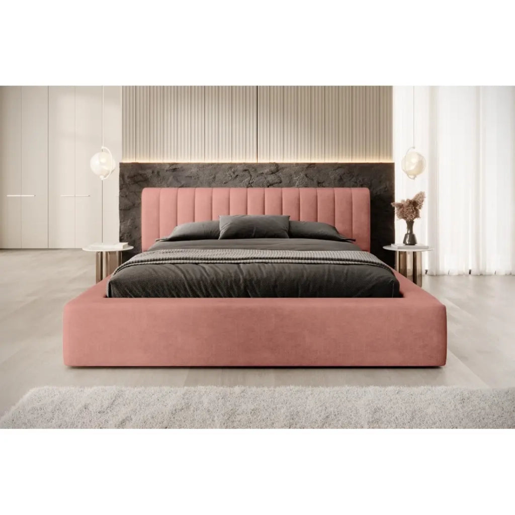 Letto contenitore CERVIN – Velluto morbido Ocre rosato – 180x200 cm – Rete sollevabile – Design elegante